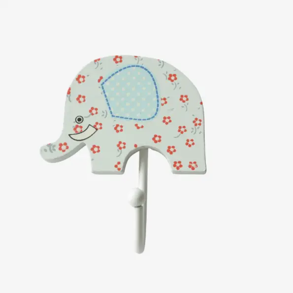Houten Jaipur Elephant Haakje in de vorm van een olifant met bloemetjes en polkadot-zadel – kinderkamer decoratie
