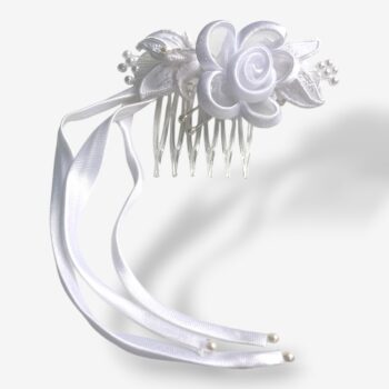 Witte haar­kam met satijnen roos en linten