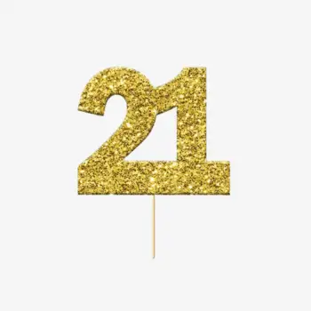 Cake topper ‘21’ – Glitter goud (4 cm, 12 stuks)