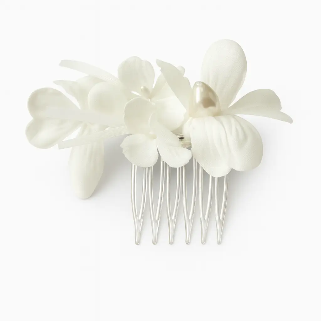 Ivoorkleurige haarkam Fantasie Bloemen met Parelaccent